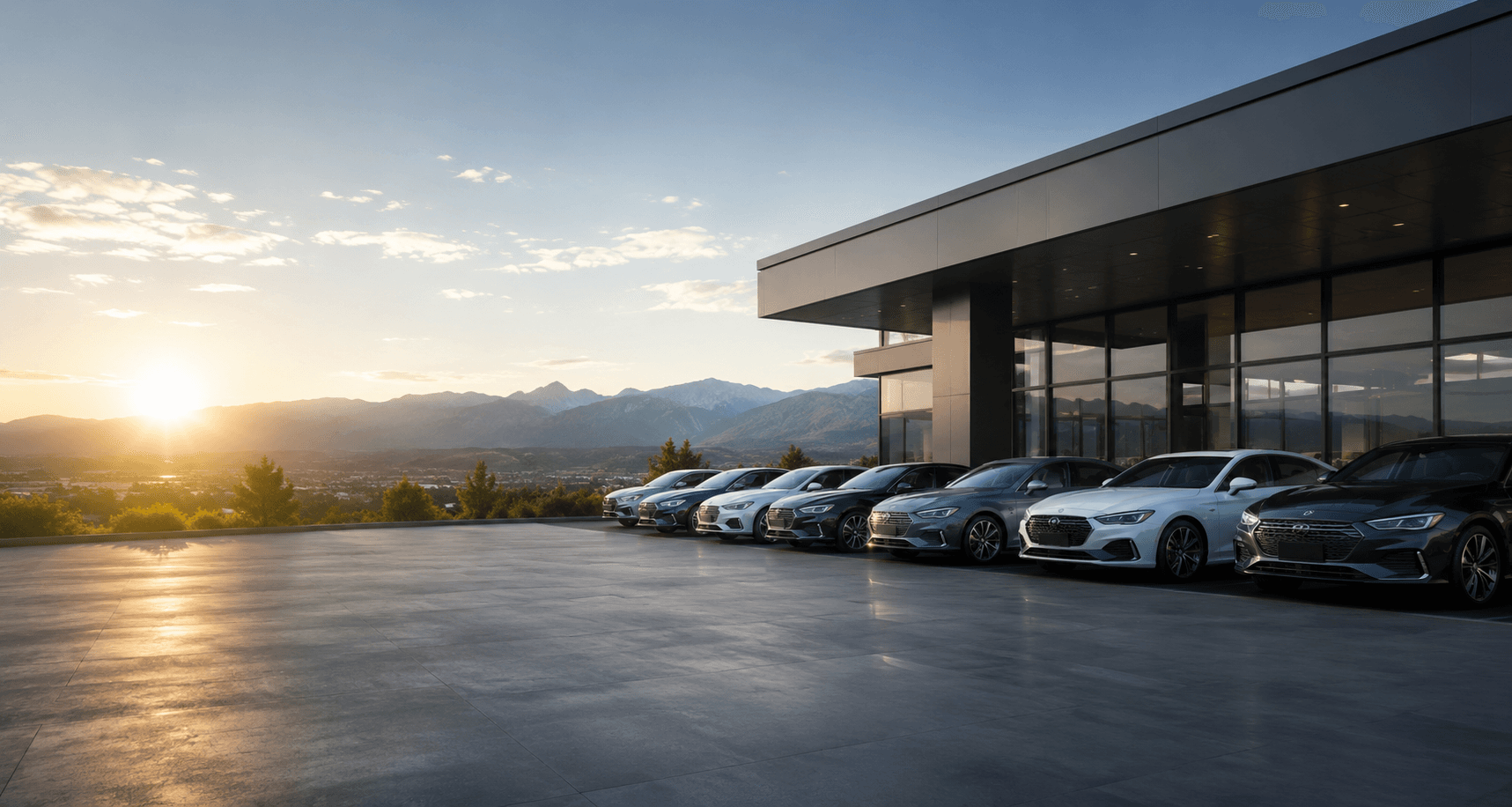 Cedar Auto Sale dealership lineup at sunset